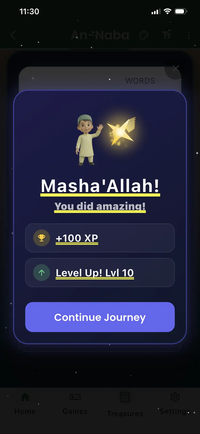 Little Hafiz reward screen showing Masha'Allah, XP, and level up after practice.