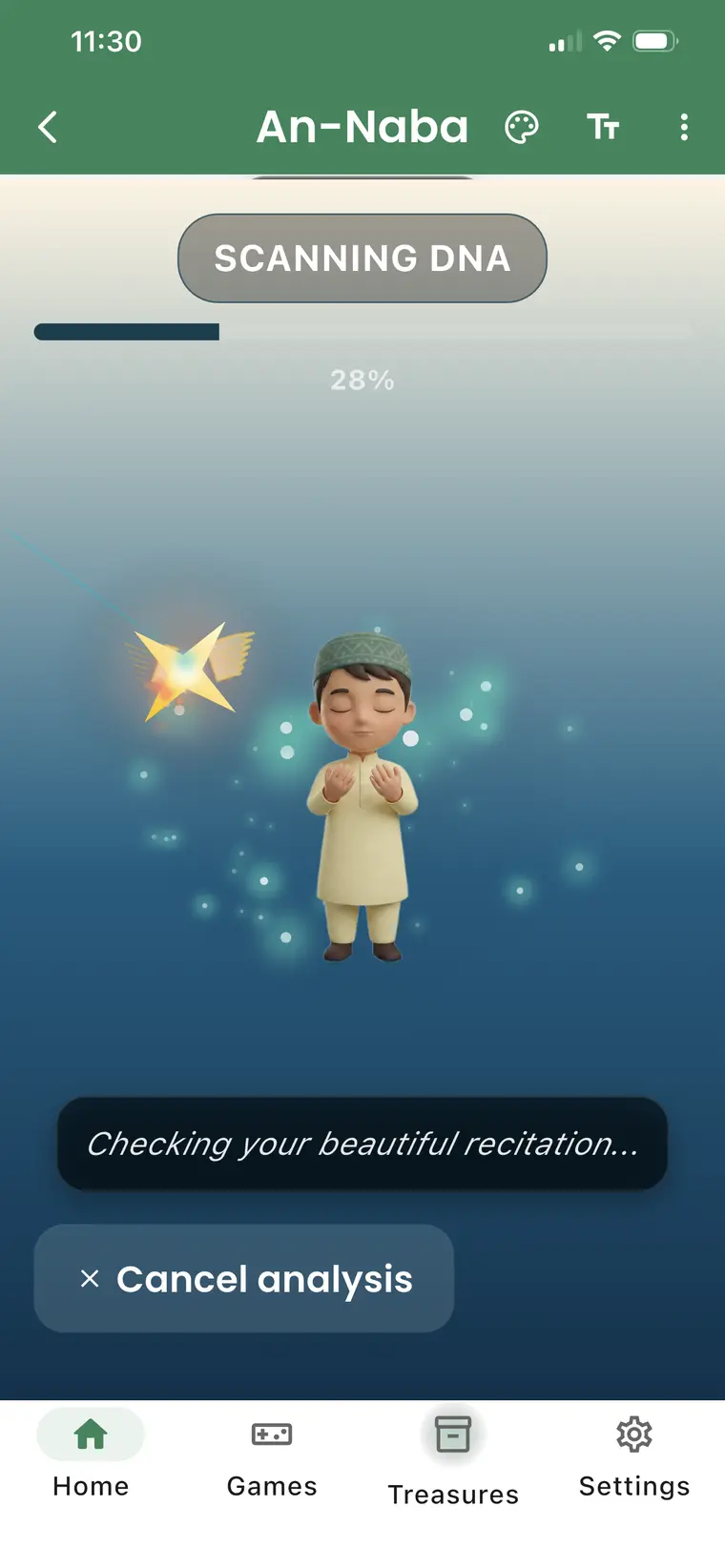 Little Hafiz AI analysis screen scanning a child's recitation.