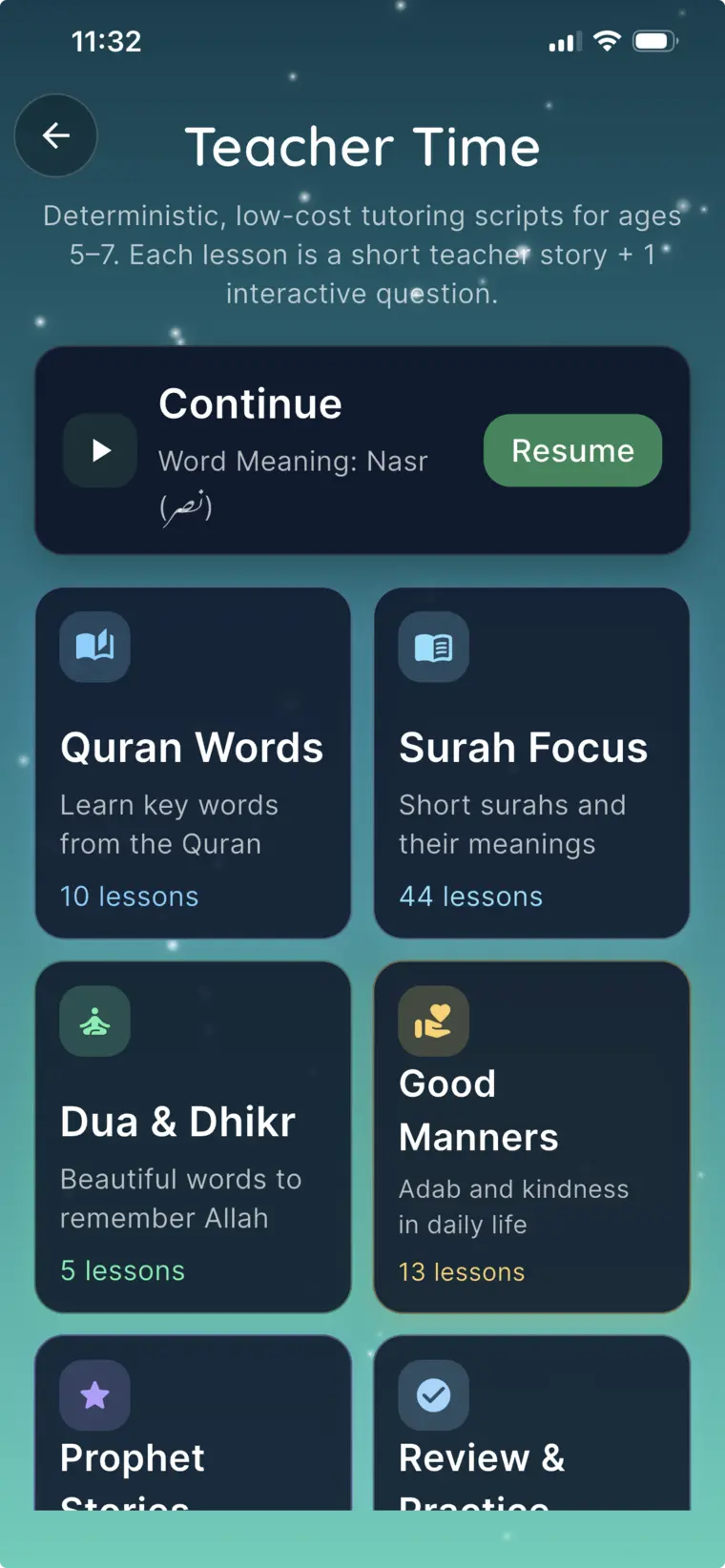 Little Hafiz Teacher Time screen with lesson categories.